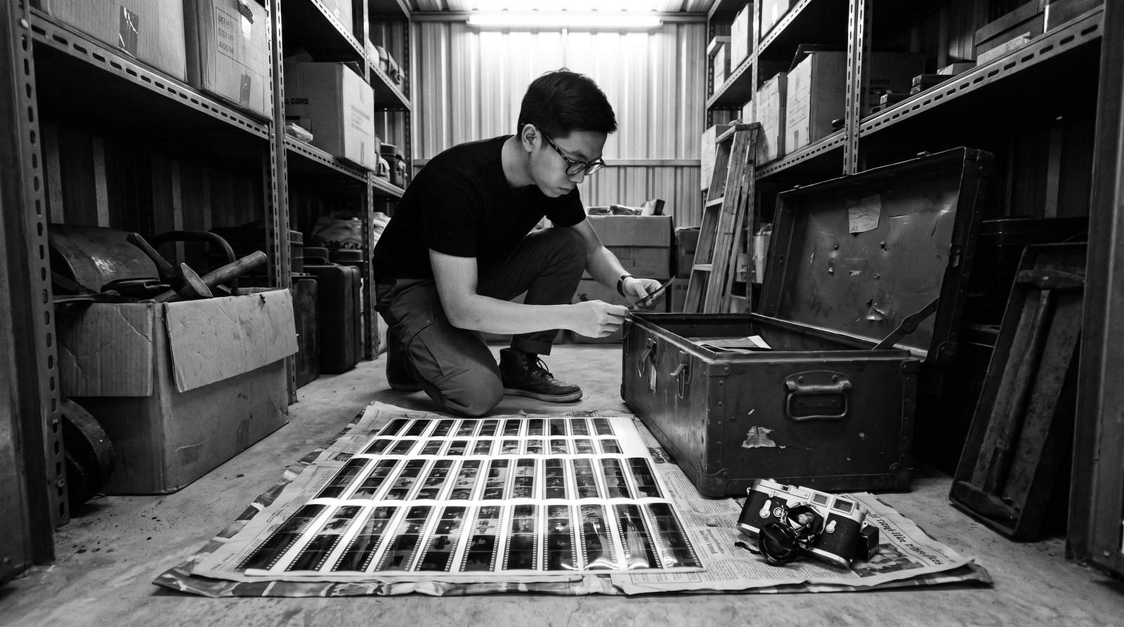 Minh kneels before an open military trunk, film negatives scattered on the floor around him.